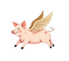 Whimsical Flying Pink Pig Cartoon Illustration
