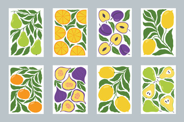 Set of fruit posters in minimalist style. Modern botanical print with hand drawn pears, lemons, plums, tangerines, olives and leaves. 