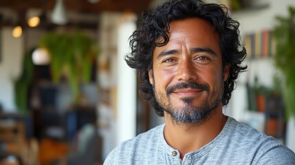 Fototapeta premium portrait of black haired softly smiling man is 45 years old with curly hair at home background