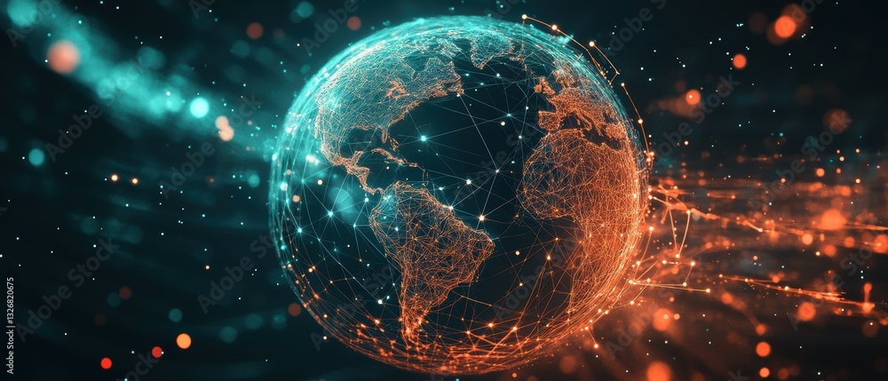 Poster spinning digital wireframe globe with educational icons and dynamic design