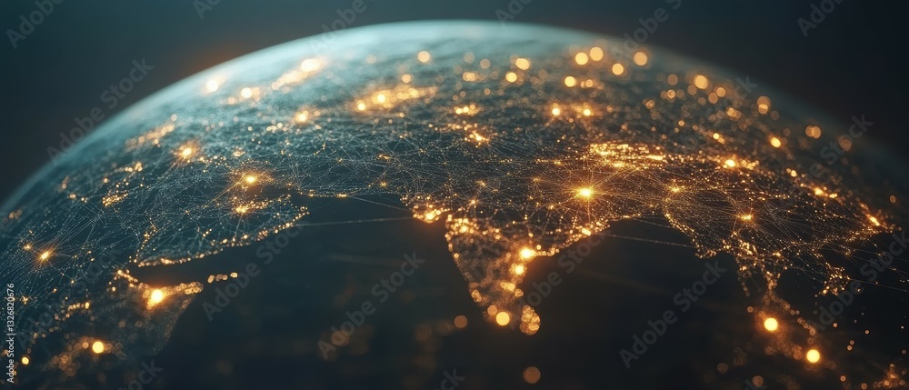 Poster digital wireframe globe with interconnected nodes and network connections