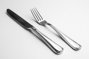 Set of stainless steel knife and fork on a white background