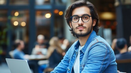 Obraz premium Young psychologist attending an international cognitive behavioral therapy seminar, using a laptop in a crowded training room. Mental health specialist learning new techniques