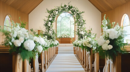 Serene Wedding Chapel Aisle decorated with fresh