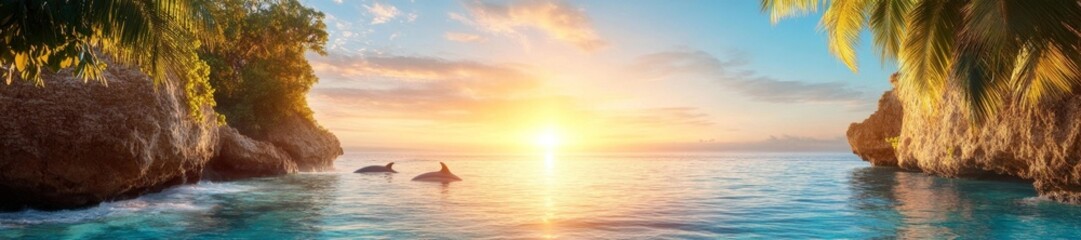 Fototapeta premium Dolphins playing under a beautiful sunrise with the sun reflecting on the calm ocean waters. Generative AI