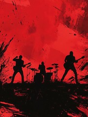 Powerful Rock Band Silhouette Against a Fiery Red Abstract Background, Symbolizing Energy, Passion, and Music. Ideal for Music Festival Posters, Album Covers, Concert Ads, and Rock Band Branding.