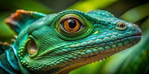 Obraz premium Emerald Basilisk Lizard Close Up: Vibrant Green Reptile Macro Photography