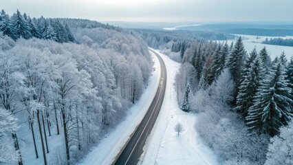 Aerial view of a road cutting through a snow-covered forest in winter. The landscape is pristine white, with snow blanketing the trees and ground.  The road provides a dark contrast to the bright snow