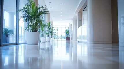 Obraz premium Modern office lobby with clean design, conveying simplicity and professionalism in a serene workspace. 