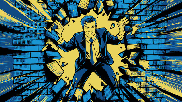 Businessman Breaking Through a Wall with Confidence and Determination
