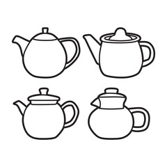 four teapots black and white simple drawing