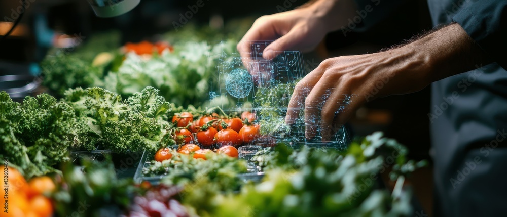 Poster scientist using wireframe holographic interface in laboratory with fresh produce