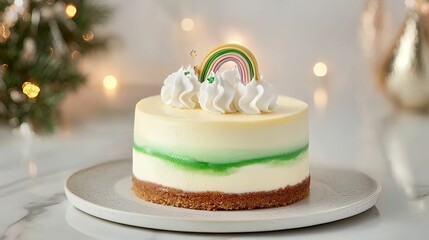 A colorful, layered cake topped with whipped cream and a rainbow decoration, presented on a plate against a festive background.
