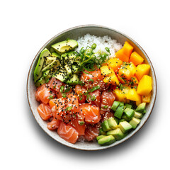 Fresh salmon poke bowl with rice, avocado, mango, and vegetables, garnished with sesame seeds and green onions, offering vibrant and healthy meal option