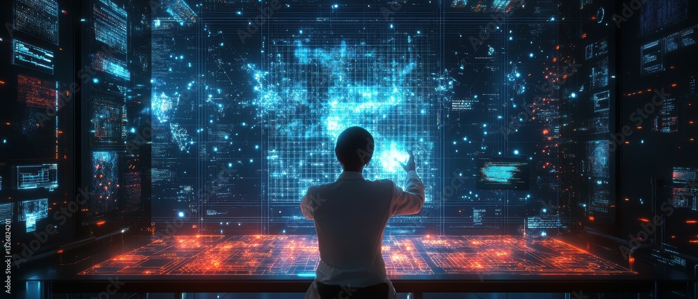 Poster scientist working with holographic wireframe visualizing periodic data