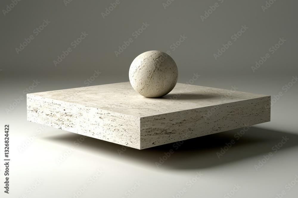 Poster monochromatic beige scene featuring a spherical object resting on a square travertine platform, crea