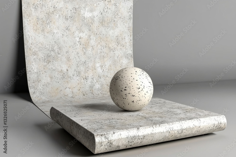 Poster abstract still life featuring a speckled sphere on a textured surface, presented against a seamless 