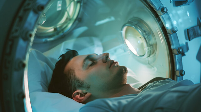 male patient lying in a hyperbaric oxygen therapy chamber at a hospital, post surgery healing and skin rejuvenation, HBOT treatment for life longevity