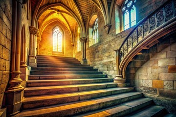 Obraz premium Empty Church Stone Stairway, Spiritual Calm, Religious Architecture, Gothic Steps, Vintage Building Interior
