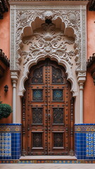 Fototapeta premium Elegant Andalusian Courtyard Entrance with Ornate Plasterwork and Wooden Doors