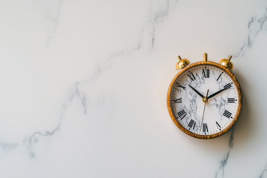 An elegant golden alarm clock with Roman numerals on a white marble background, capturing the essence of timeless beauty and the importance of punctuality, enhancing time-related concepts.