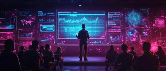 Naklejka premium Holographic Teacher Presenting Wireframe Visualizations to Engaged Audience