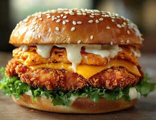 A large chicken sandwich with two fried, golden-brown chicken fillets, covered in ranch dressing and lots of cheese on top