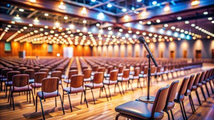 Obraz premium Empty Event Hall: Close-up of Microphone Stand with Blurred Seating - Tilt-Shift Photography