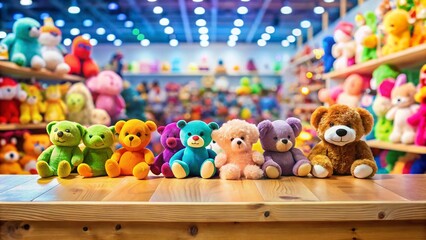 Empty Display Board Beside Colorful Stuffed Toys in Vibrant Toy Shop - Creative Playful Imagination
