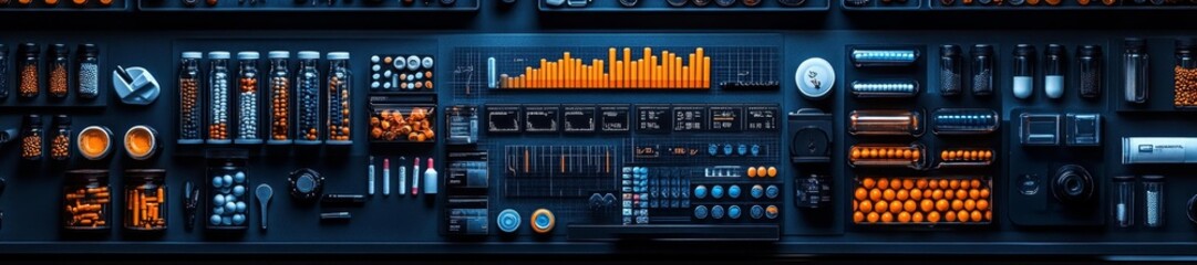 A neatly arranged workspace displaying an organized collection of jars with colorful pills tech tools and a detailed digital dashboard. Generative AI