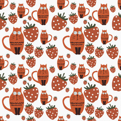 Cat with fruits vector ilustration seamless patern.Great for textile,fabric,wrapping paper,and any print.Eps 10.