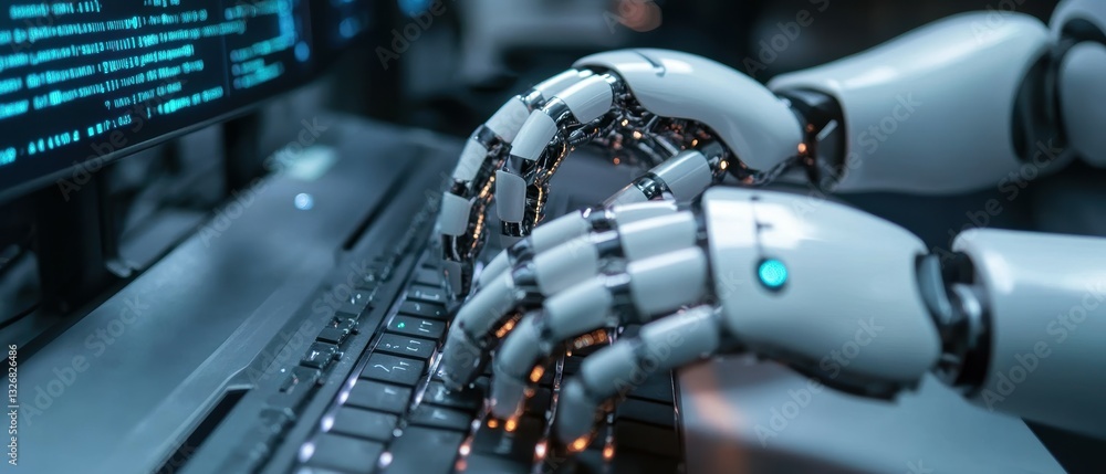 Poster robotic hands typing automated tasks on computer keyboard in digital office