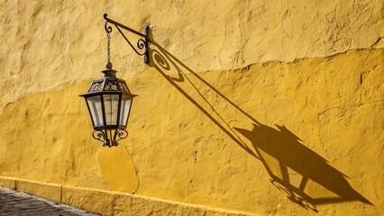 Ornate wrought iron street lamp on a yellow wall casting a sharp shadow. Mediterranean style architecture detail with a decorative lamp and textured wall