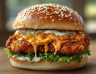 A large chicken sandwich with two fried, golden-brown chicken fillets, covered in ranch dressing and lots of cheese on top