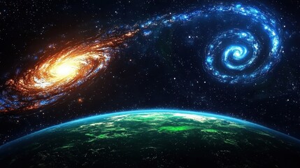Obraz premium Earth and galaxies captured in a visually mesmerizing space fantasy featuring dazzling colors and cosmic imagery