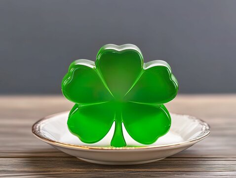 A bright green shamrock-shaped object rests on a plate, symbolizing luck and St. Patrick's Day celebrations.