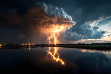Obraz premium Dramatic Lightning Strike Over Water During Stormy Night Sky