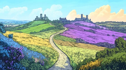 Naklejka premium Colorful Hilly Landscape with Winding Road and Castles