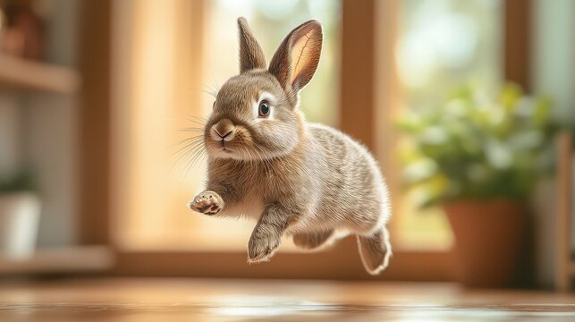 Adorable Brown Bunny Rabbit in Mid-Air Leap,  Joyful Spring Hare Hopping, Fluffy Fur, Cute Pet Animal,  Indoor Home Setting