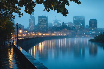 Obraz premium rain changes urban view providing a new perspective on familiar buildings and sites as they glisten in wet weather 