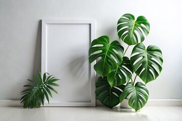 Empty Picture Frame Mockup with Monstera Leaves Against White Wall - Stock Photo