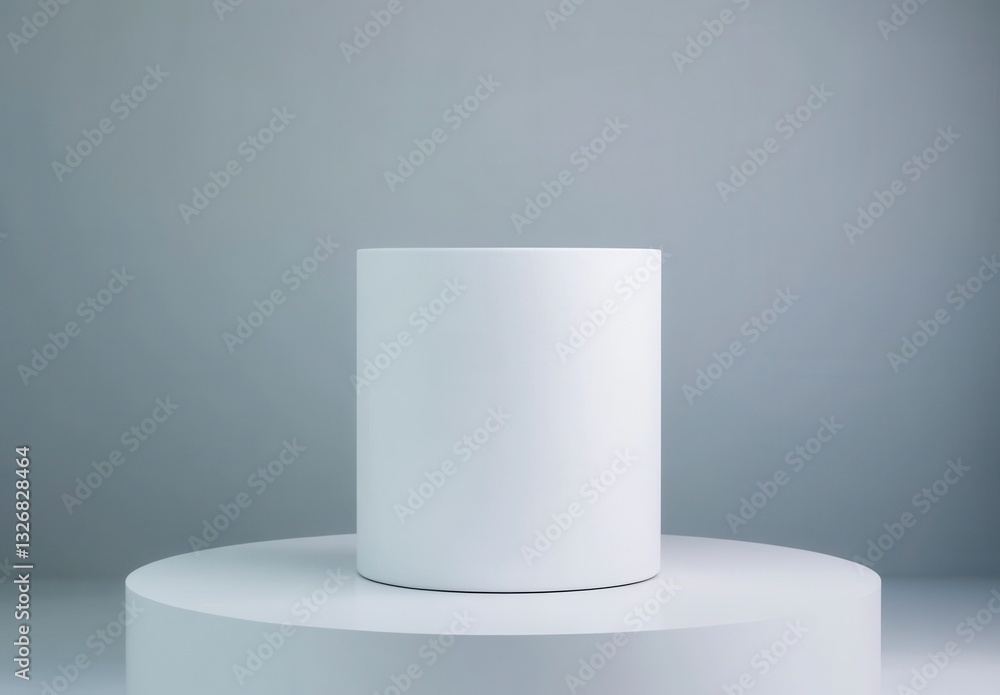 Poster white cylindrical object on a white circular platform against a light gray background. minimalist pr