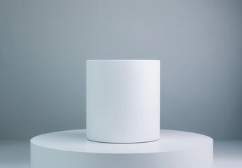 White cylindrical object on a white circular platform against a light gray background. Minimalist product display scene.