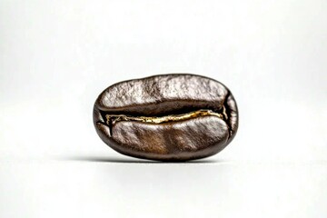 A single roasted coffee bean, showcasing its rich brown color and detailed texture against a bright, clean white backdrop, ideal for various coffee-related themes.