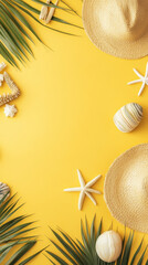 Fototapeta premium A yellow background with a frame of leaves and a hat