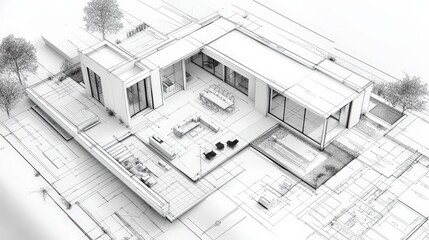 Fototapeta premium A highly detailed blueprint of a modern luxury villa with open-concept living spaces