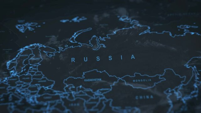 World map animation. Camera zooming in into Eurasia continent, focusing in Russia.