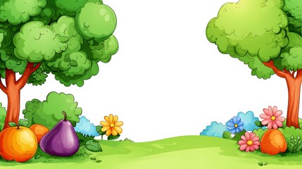 Vibrant Illustration of Trees and Colorful Fruits Surrounded by Flowers in a Sunny Park