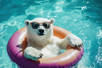 Polar bear relaxing in swimming pool with sunglasses and inflatable ring