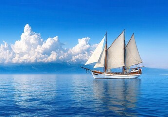 Fototapeta premium White sailboat sailing on a calm blue ocean under a bright sunny sky with fluffy white clouds and distant mountains. Serene seascape.